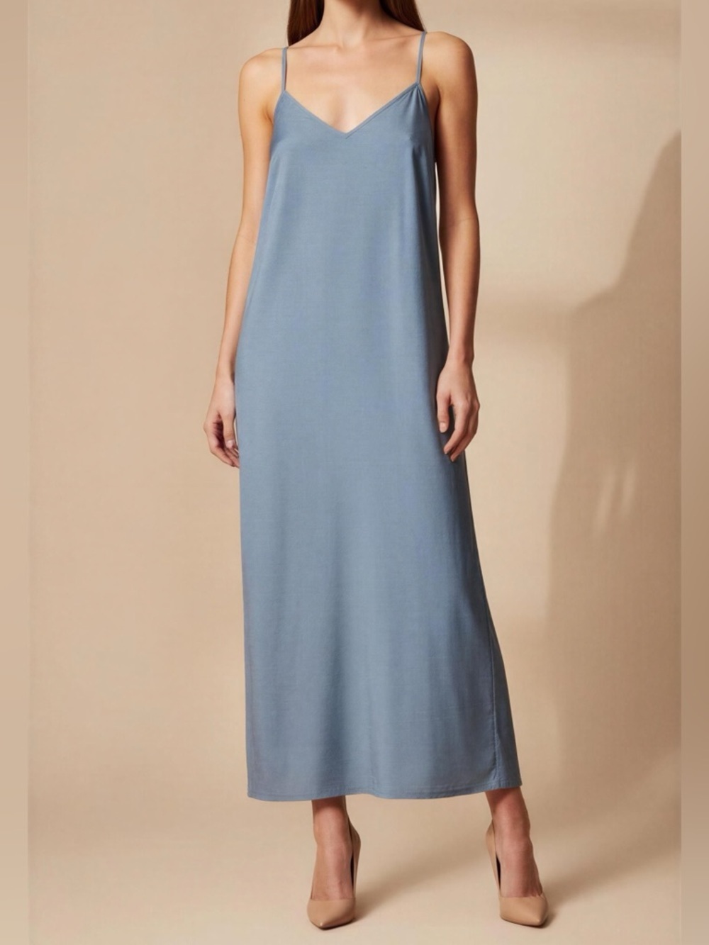 Nicoblu Dusty Blue V-Neck Maxi Slip Dress Spaghetti Adjustable Straps 16/2X EUC